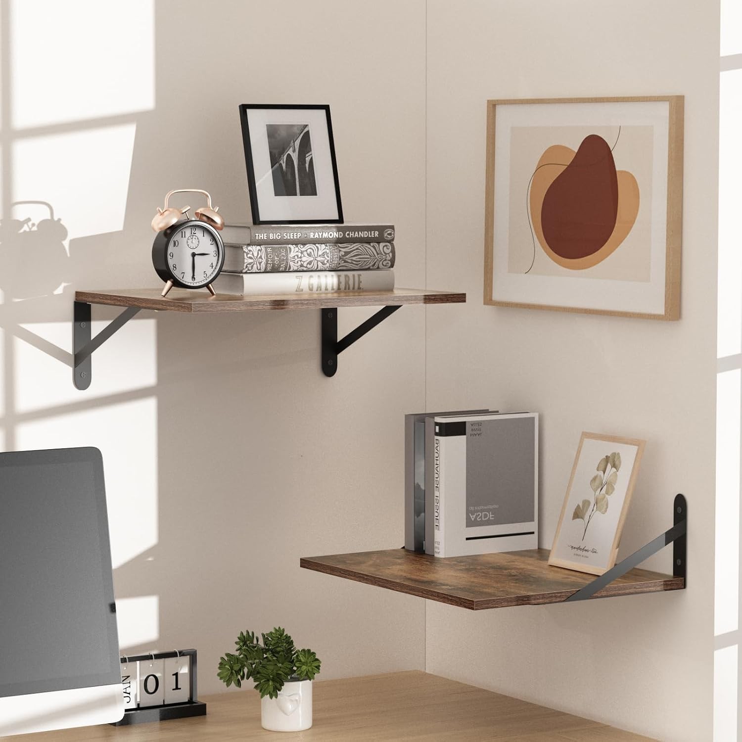Rustic Brown Wooden Floating Wall Shelves Set of 2 Deep Wall Mount Shelves