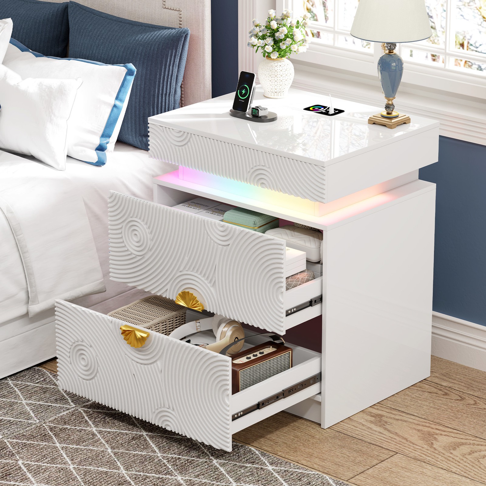 Nightstand with Hidden Drawer, Night Stand with LED Lights and Charging Station