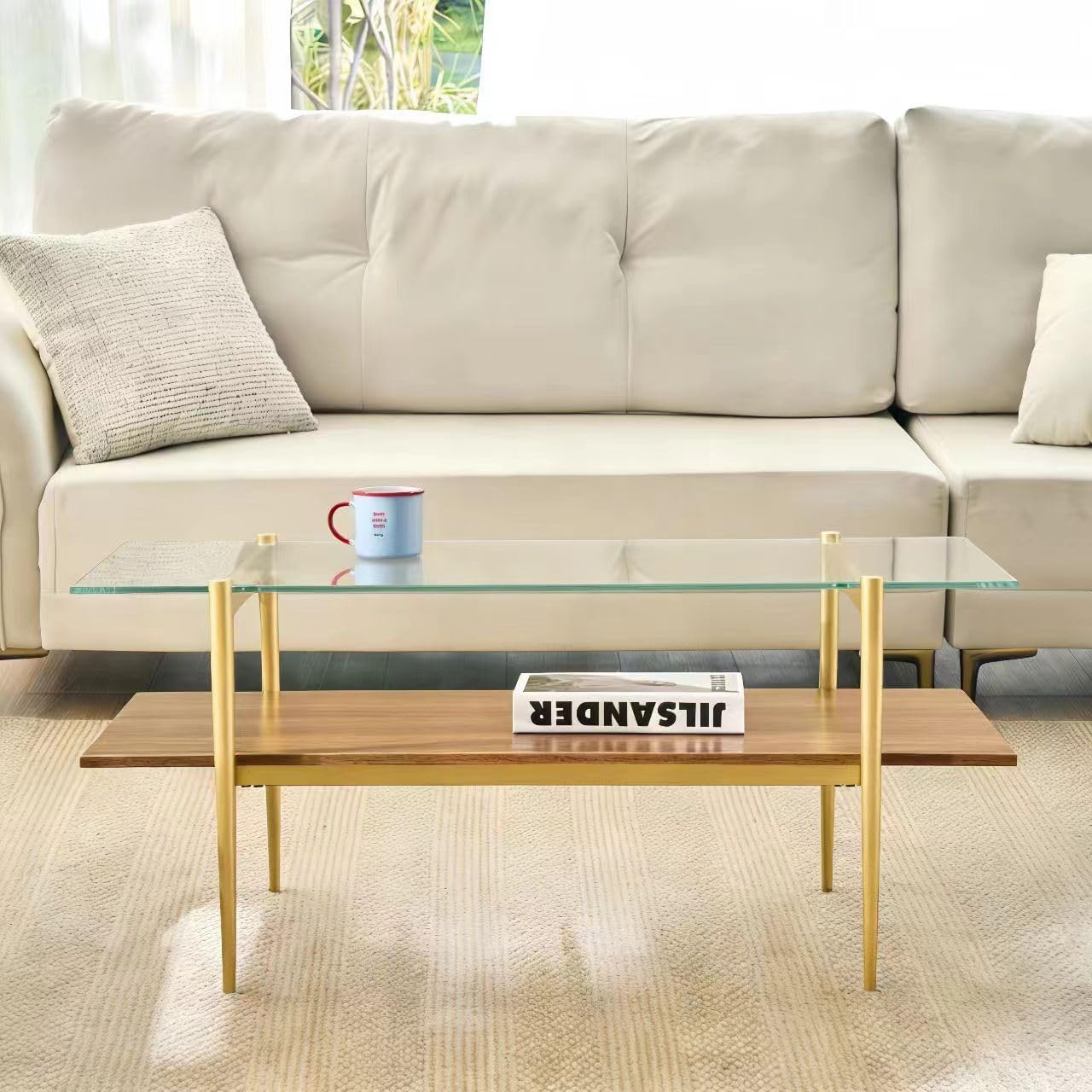 Rectangle Coffee Table, Mid-Century Modern Design, 2-Tier Structure, Clear Glass