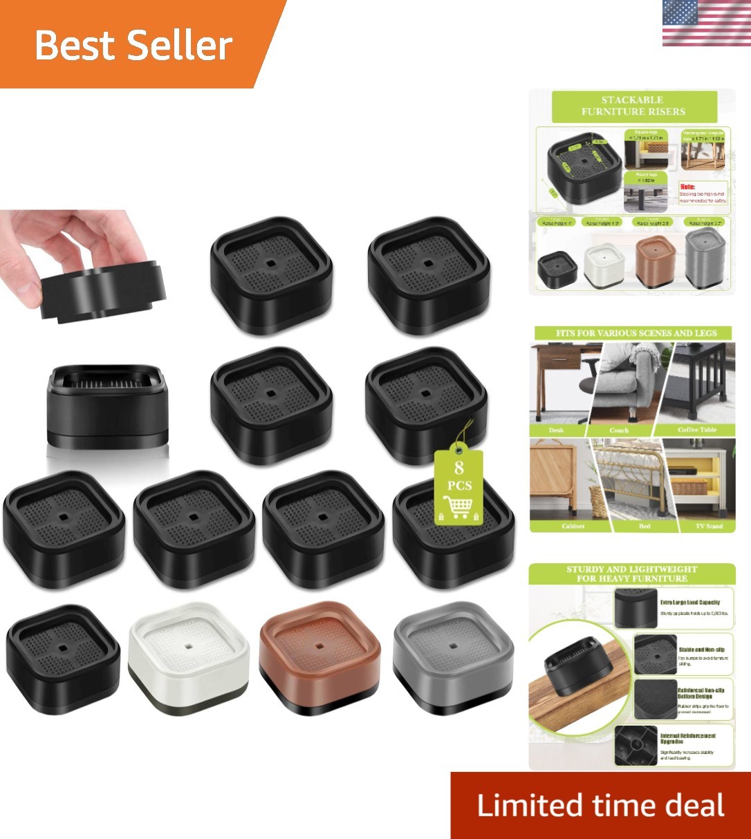 8 Pack Furniture Risers 1 or 2 Inch, Adjustable Bed Risers Heavy Duty For Tab…