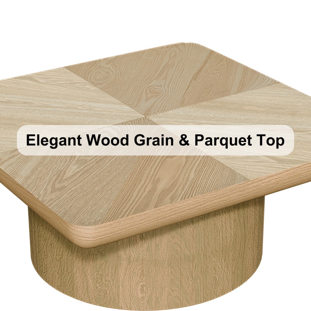 33.5″ Round Fluted Coffee Table, Wood Parquet Top Cylindrical Base, Walnut