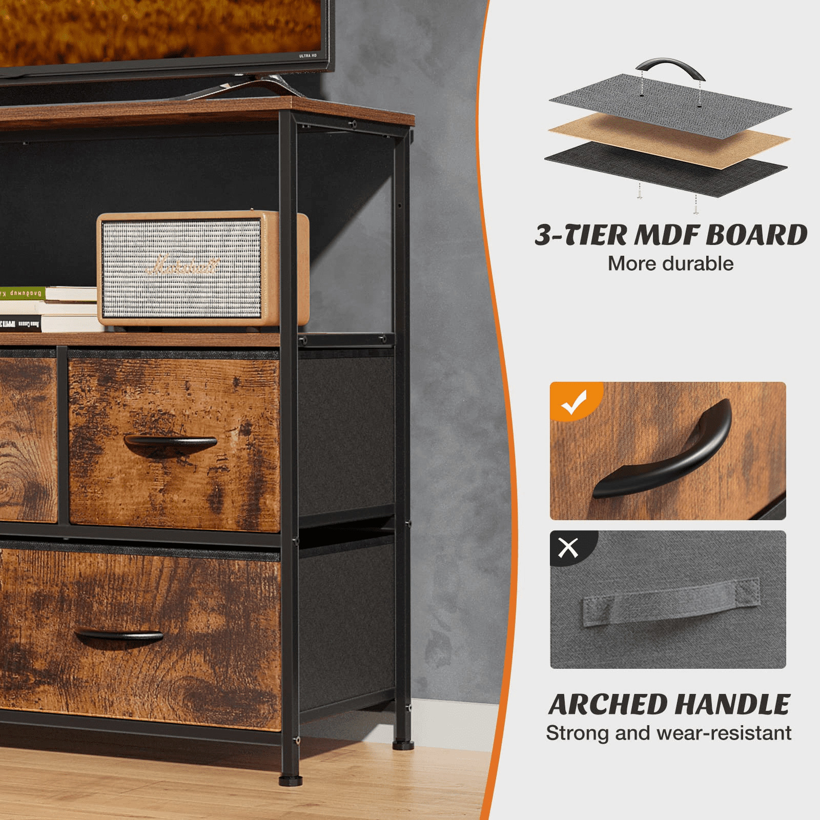 Concetta TV Stand Entertainment Center Dresser with 5 Soft-Close Fabric Drawers
