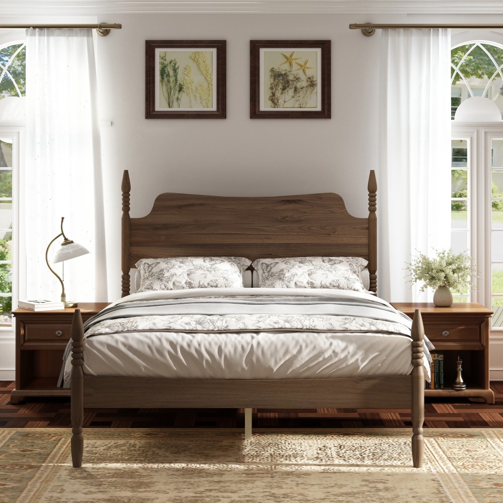 Queen Size Platform Bed Frame, Spindle Bed with Curved Tall Headboard