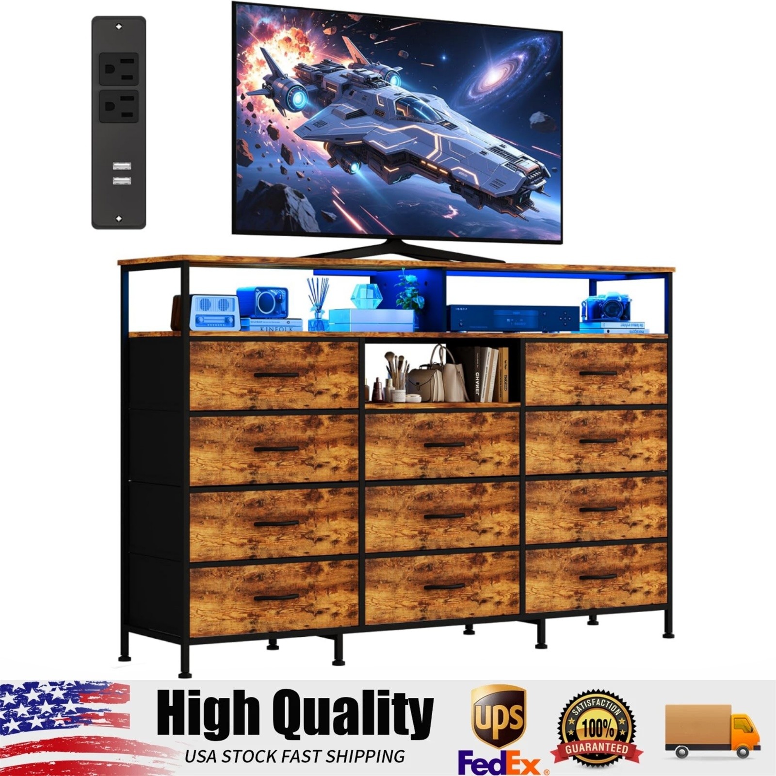 55″ TV Stand for Bedroom, 11-Drawer Dressers & Chests of Drawers with LED Lights