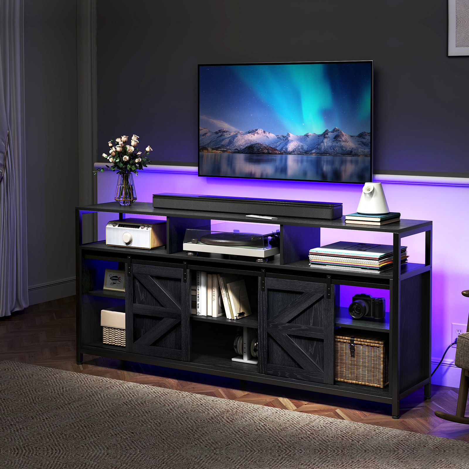 TV Stand Wood with RGB LED & Power Ports 70″ TV Cabinet Entertainment Center