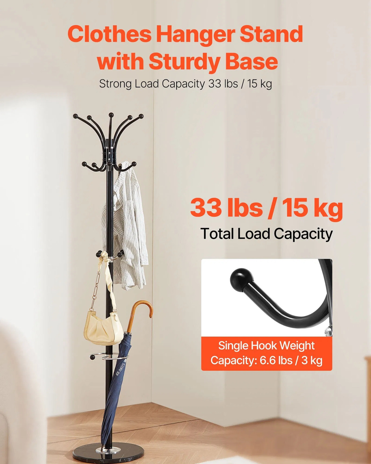 Freestanding Coat Rack, Metal Coats Rack Stand with Umbrella Holder, Stable Mar