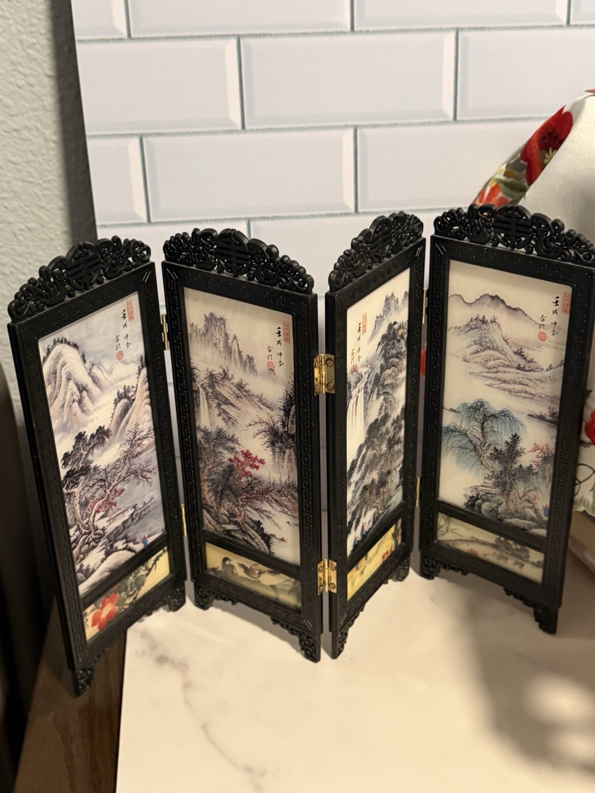 Miniature Asian 4-Panel folding Screen Room Divider Waterfall Flowerpots Chinese