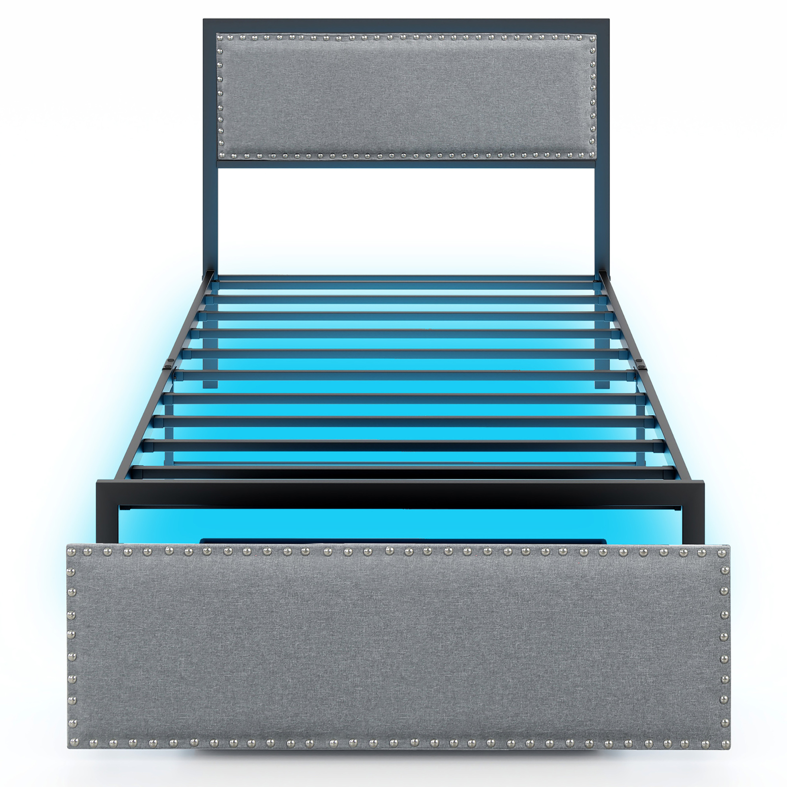 Twin Size Bed Frame w/ Storage Drawer Metal Platform Bed w/ LED Lights