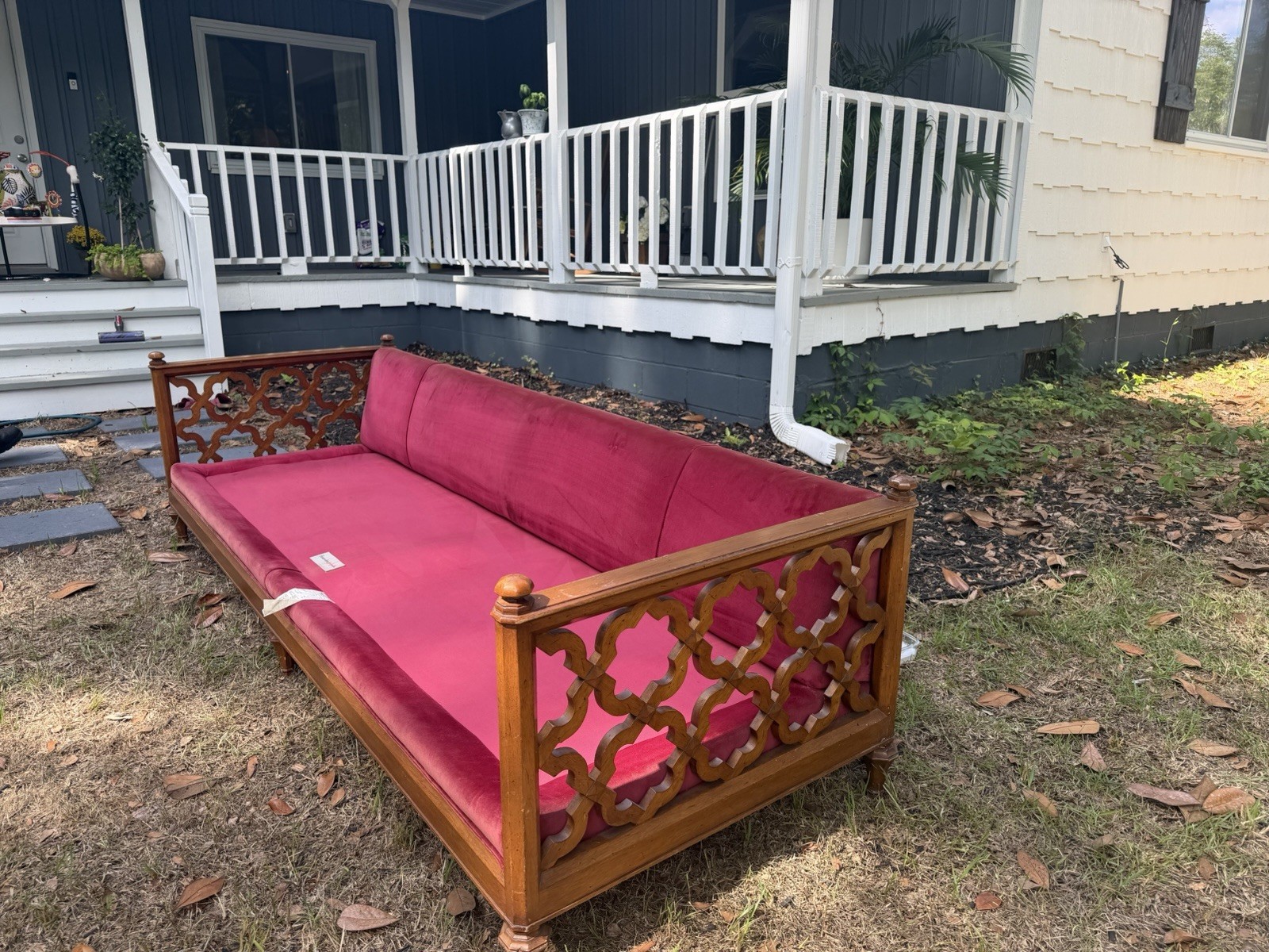 Henredon 1960s Red Velvet Sofa With Wood Frame 8ft x 35in x 25in Living Room