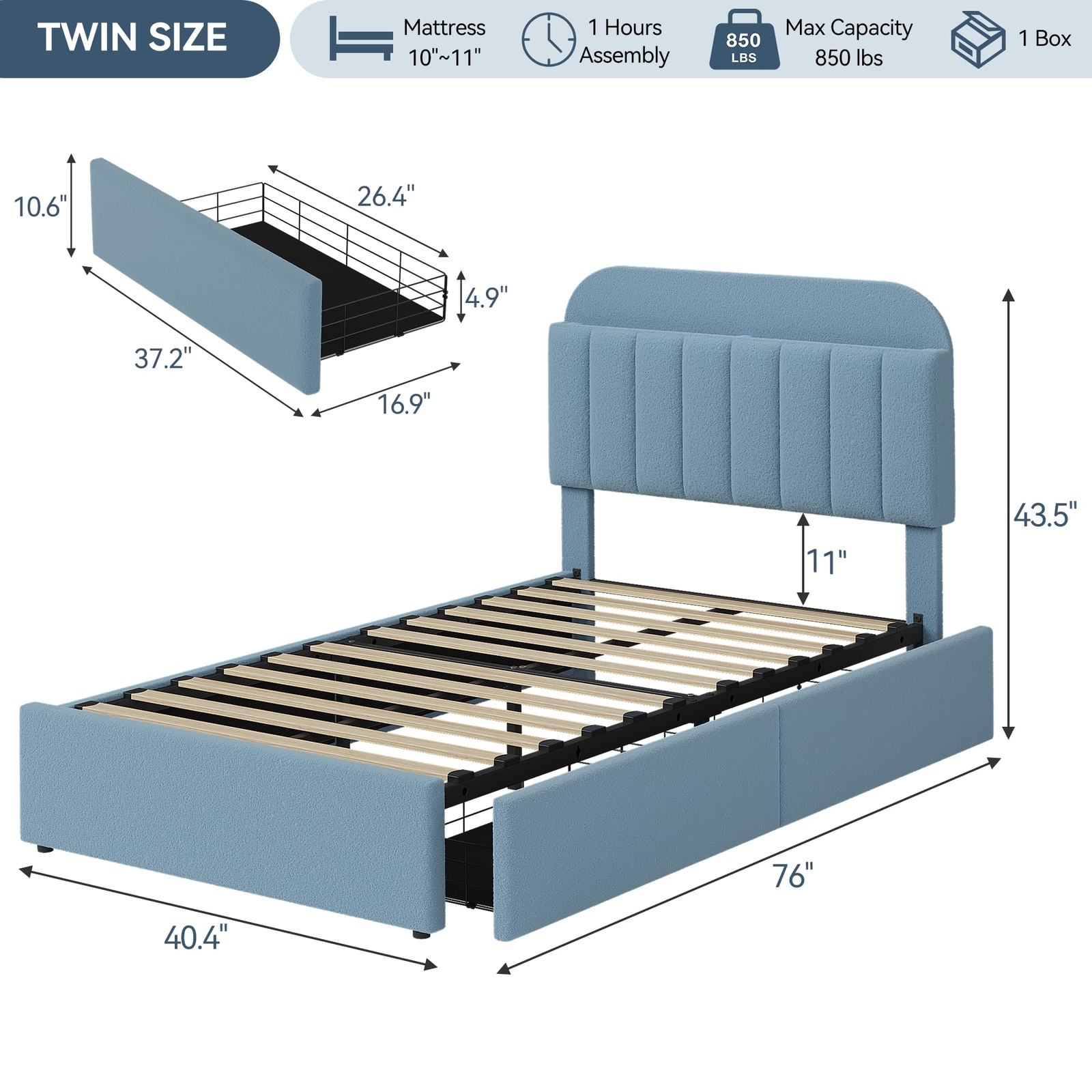Twin Size Bed Frame with 2 Storage Drawers Upholstered Headboard Metal Platform
