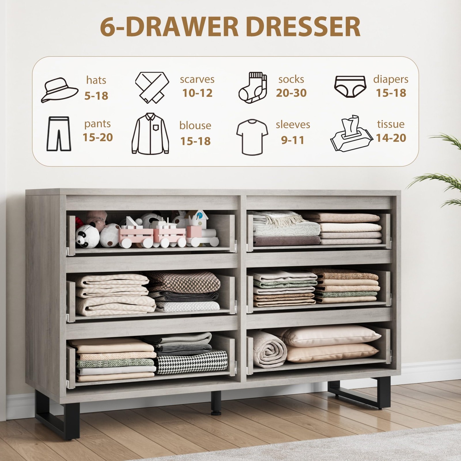6 Drawers Dresser Chest of Drawers Storage Space Organizer Cabinet for Bedroom