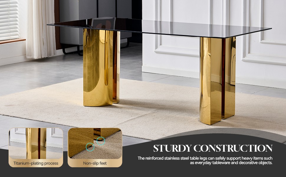 70″ Rectangular Dining Table Black Tempered Glass Gold Stainless Steel Legs