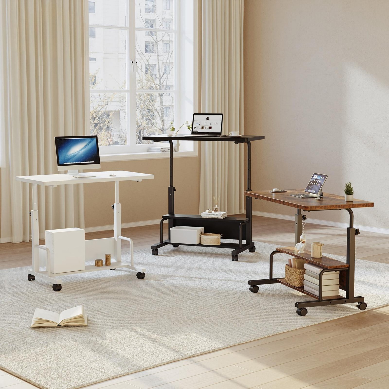 31.5” Adjustable Height Rolling Computer Desk with Storage Shelves,