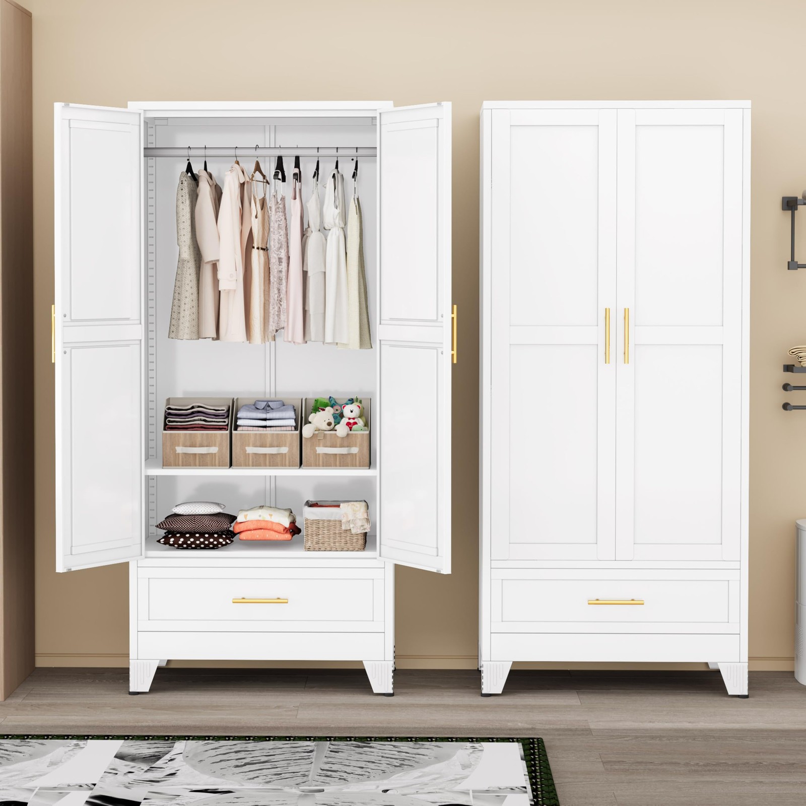71 H White Metal Armoire Wardrobe Closet with Drawer Adjustable Shelf Hanging
