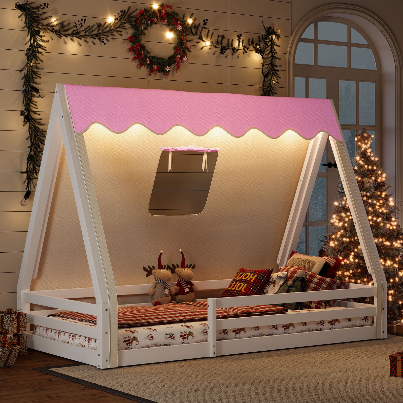Twin Size Teepee Floor Bed with Tent, Light & Guardrails, White+Pink