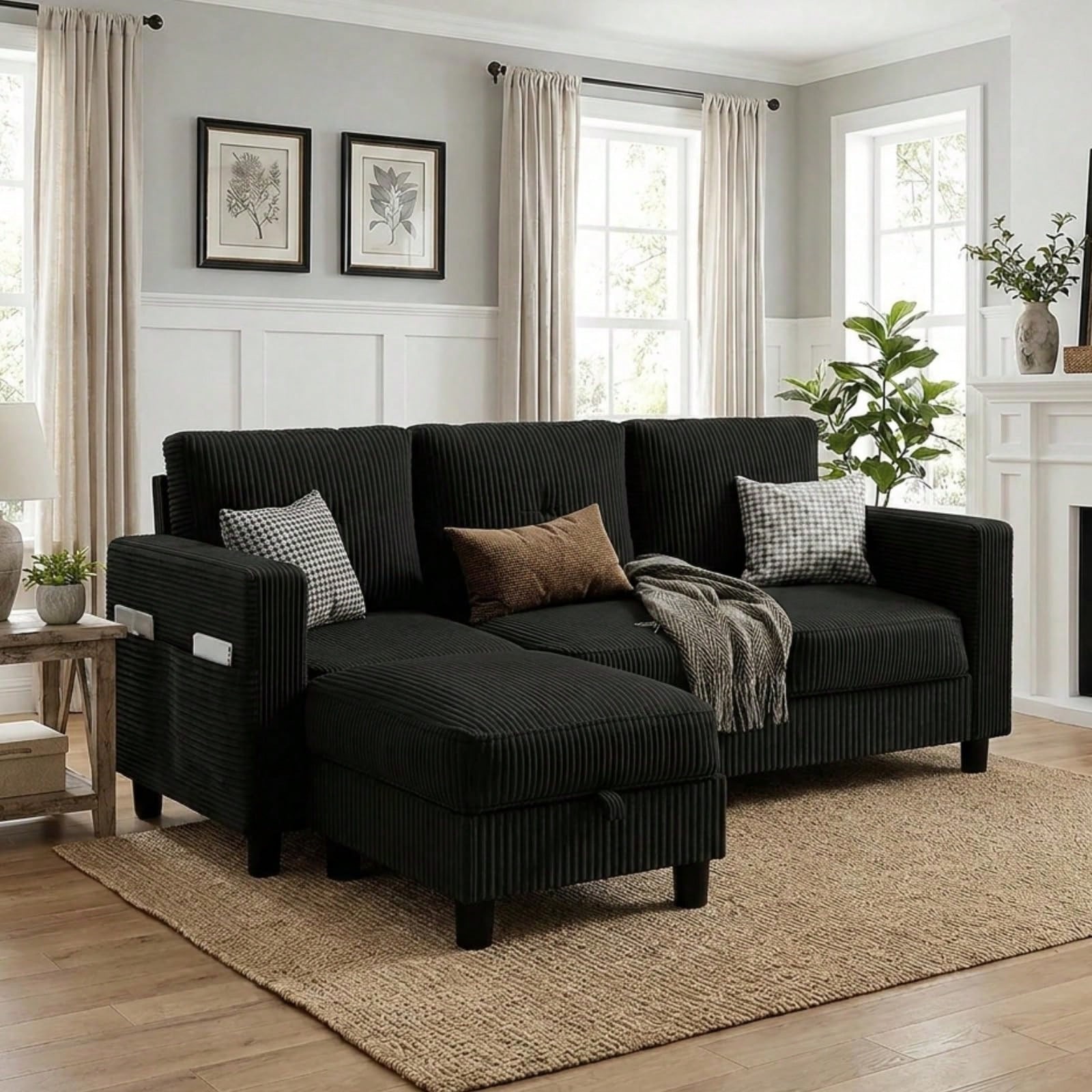 Convertible Sectional Sofa with Storage Ottoman 77” L-Shaped 3-Seat Couch