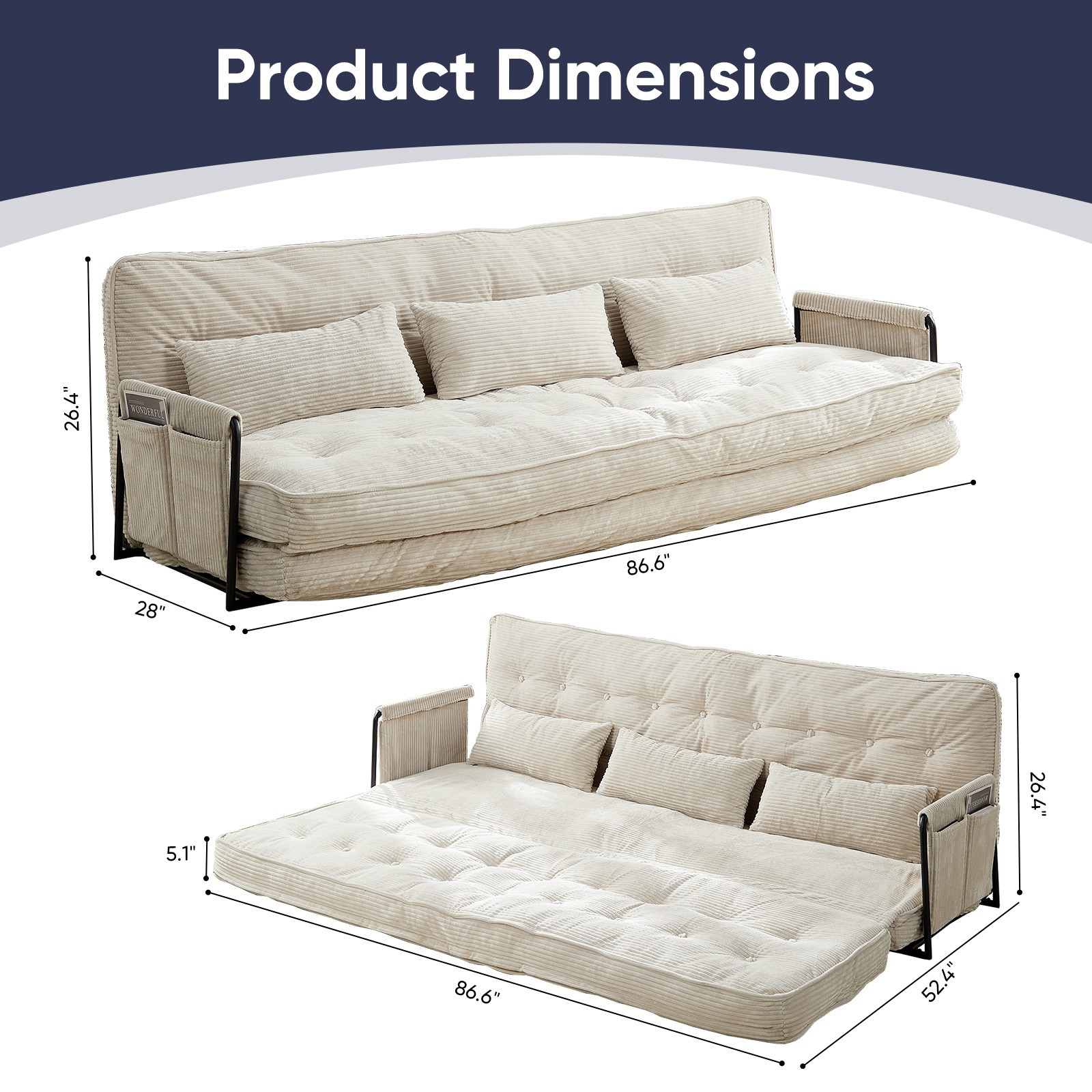 Zafly Sofa Bed Couch Sleeper Convertible Fold-Out Bed Couch With Side Pockets