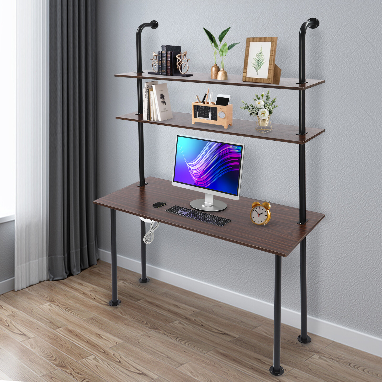 Wall Mounted Table Standing Desk Computer Laptop Desk W/Power Strip Modern Black
