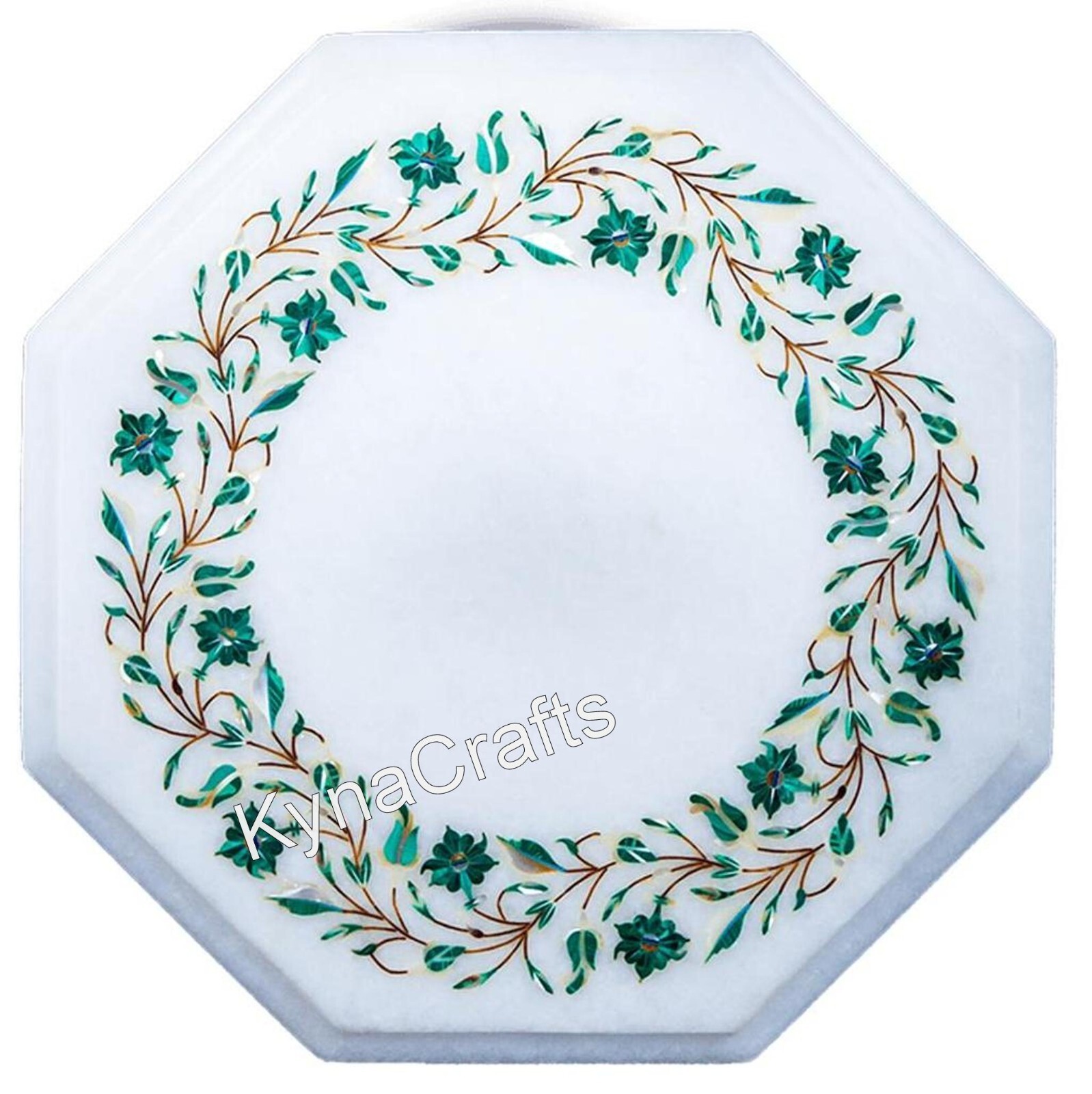 White Marble Coffee Table Top Malachite Gemstone Inlay Work End Table for Office