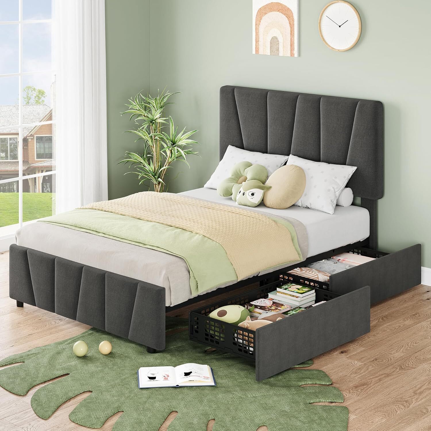Twin Size Bed Frame with 2 Storage Drawers Upholstered Headboard Metal Platform