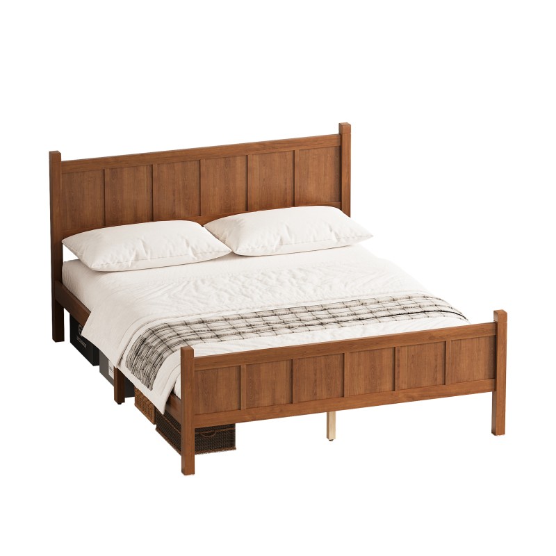 Queen Size Flat Panel Bed with Headboard Farmhouse Platform Bed Frame Walnut