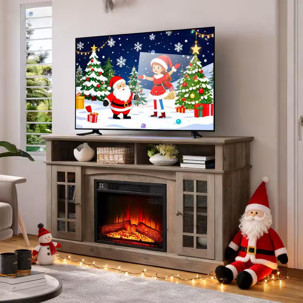 58 In. Classic Electric Fireplace TV Stand with Glass Doors and Adjustable Shelv