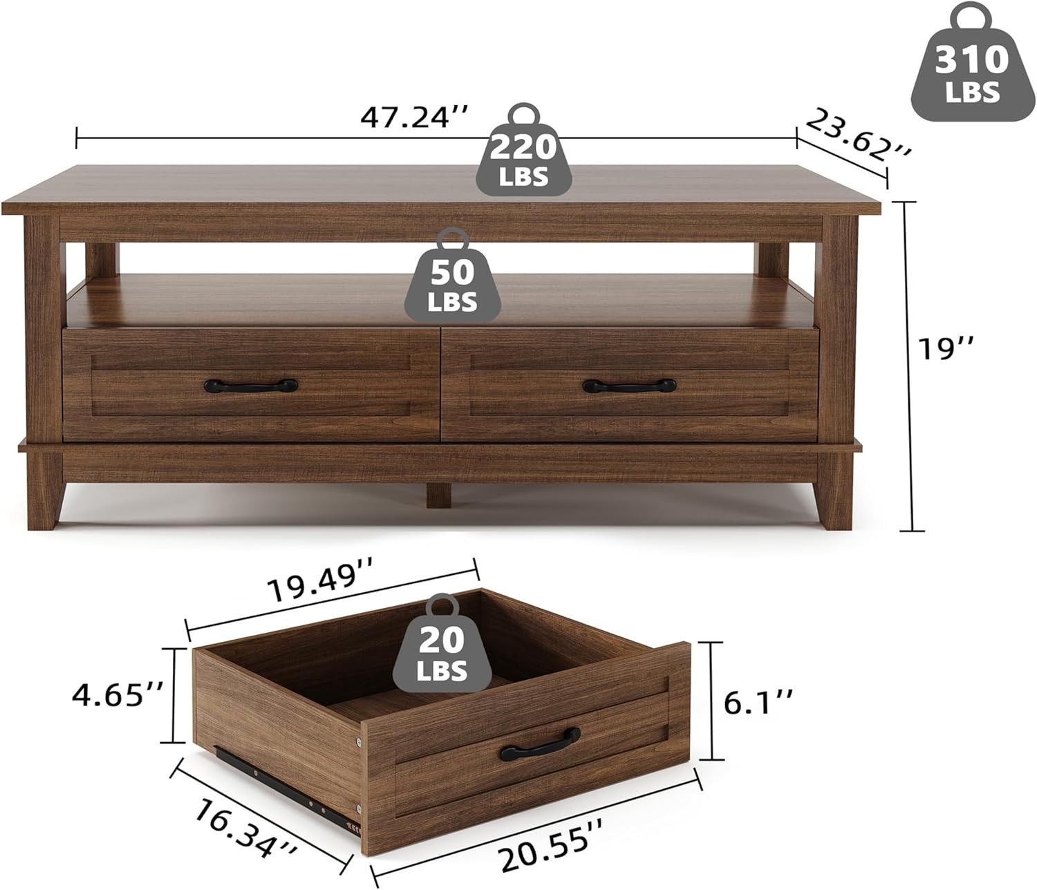 Rustic Wood Coffee Table with Drawers Open Shelf Rectangular Center Table