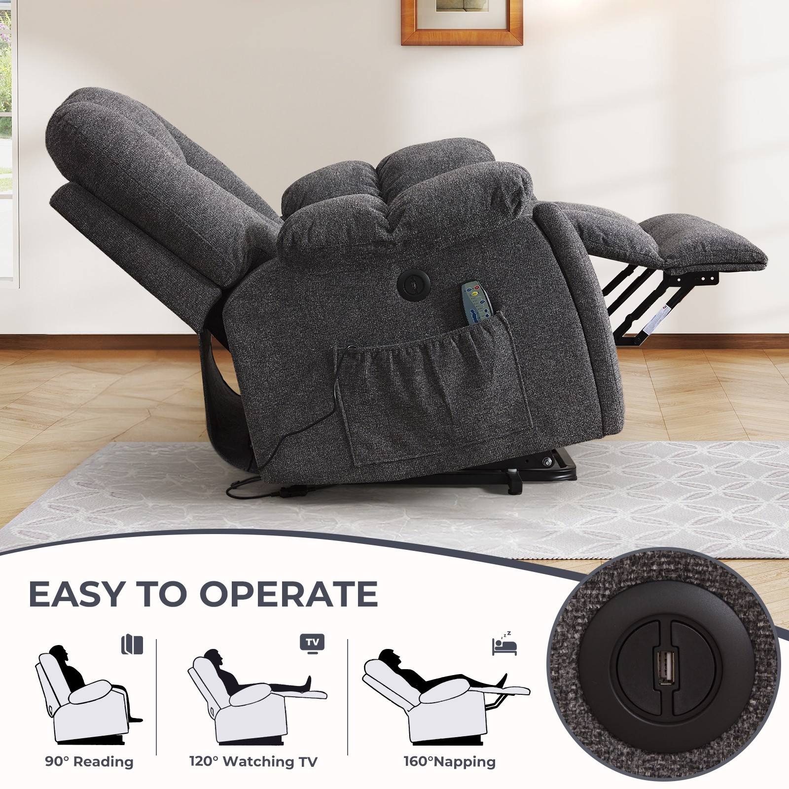 EBELLO Large Power Lift Recliner Chair with Massage & Heat，USB Ports，Cup Holders