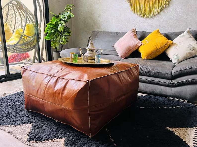 30” Square Moroccan Leather Ottoman | Handmade Boho Footstool Pouf, Genuine Best