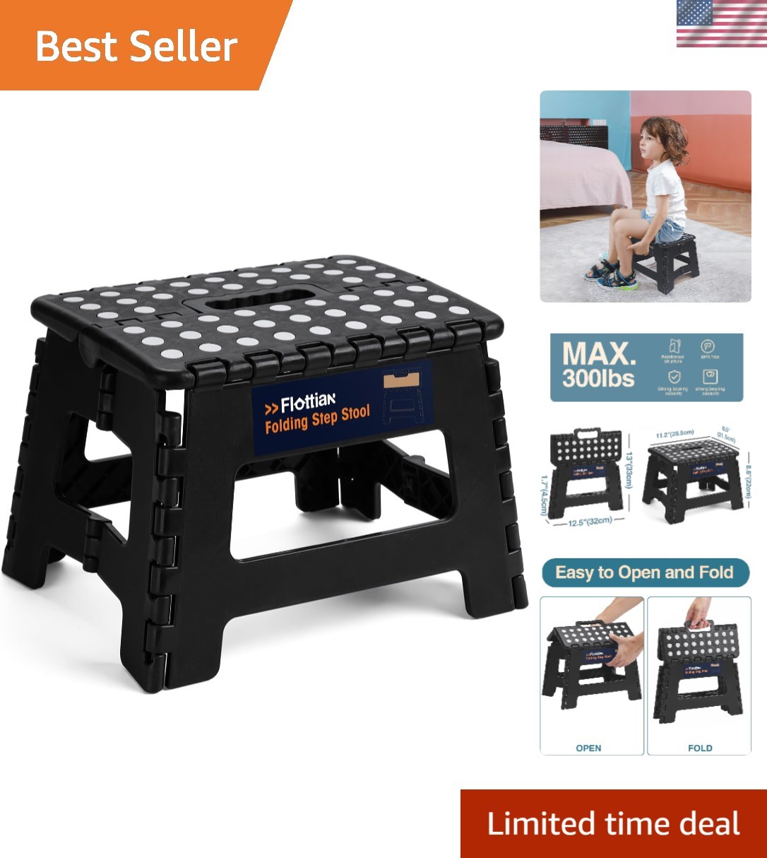 Versatile 9″ Step Stool for Kitchen & Bathroom – Holds Up to 300 lbs, Black