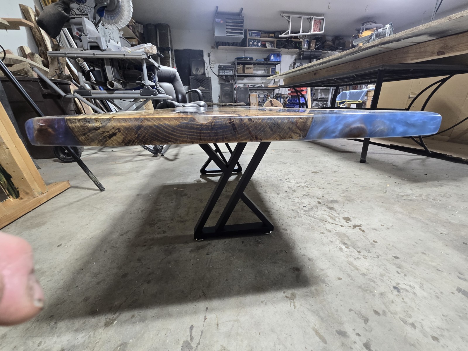 Live Edge Wood & Blue Resin River Coffee Table, Black Metal Legs, Glossy Finish