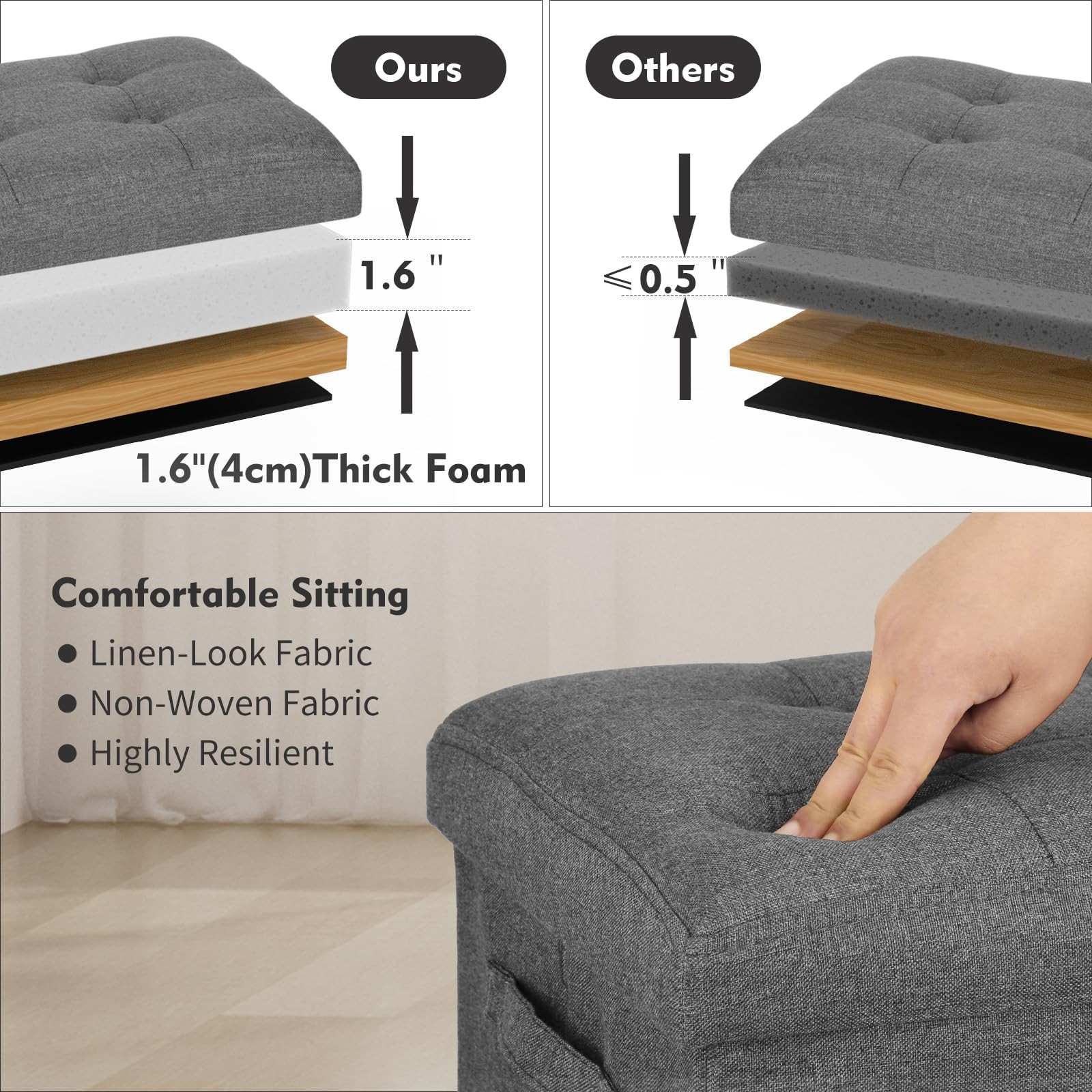 Dark Gray Foldable Storage Ottoman Foot Rest Linen Bench 350lbs 17x13x13 Inch
