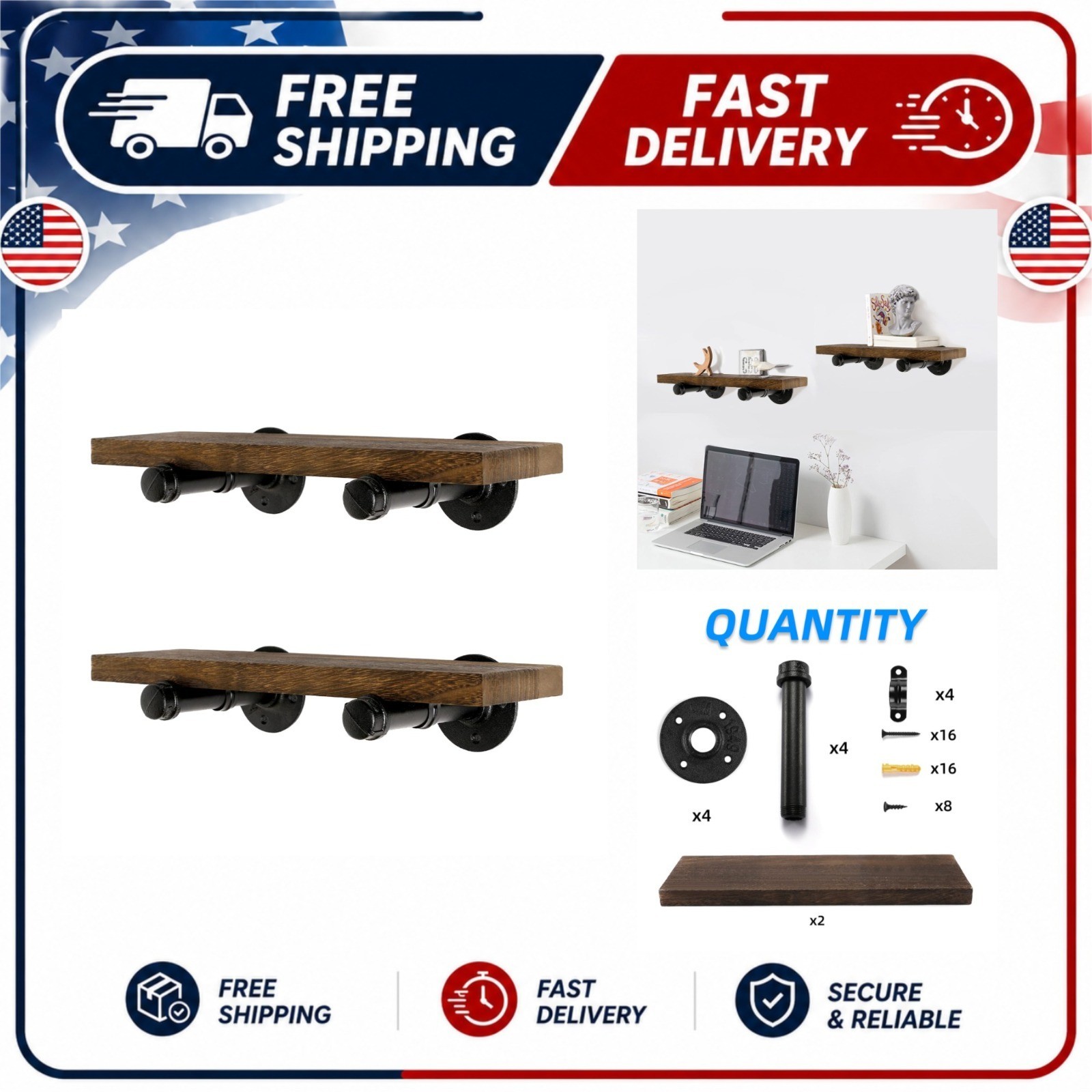 Floating Wall Shelves Set of 2 Rustic Wood Pipe Brackets Brown