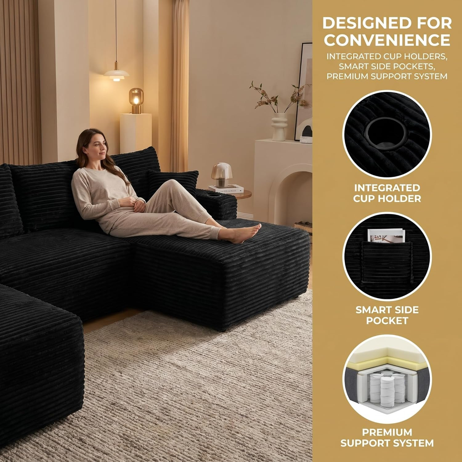 134″ U-Shaped Modular Sofa with Cup Holders & Pockets – No Assembly, Black