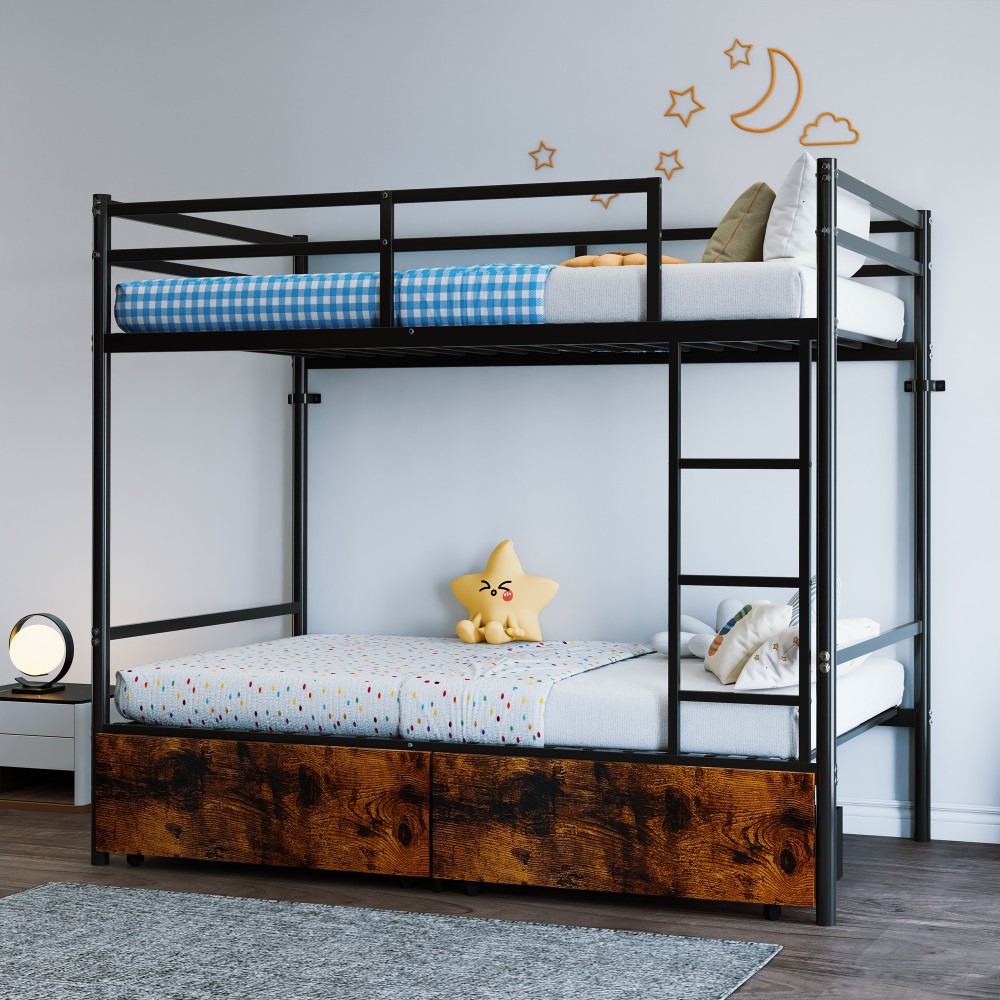 Twin Over Twin Metal Bunk Bed Black Iron Frame With Ladder Space Saving Bedroom
