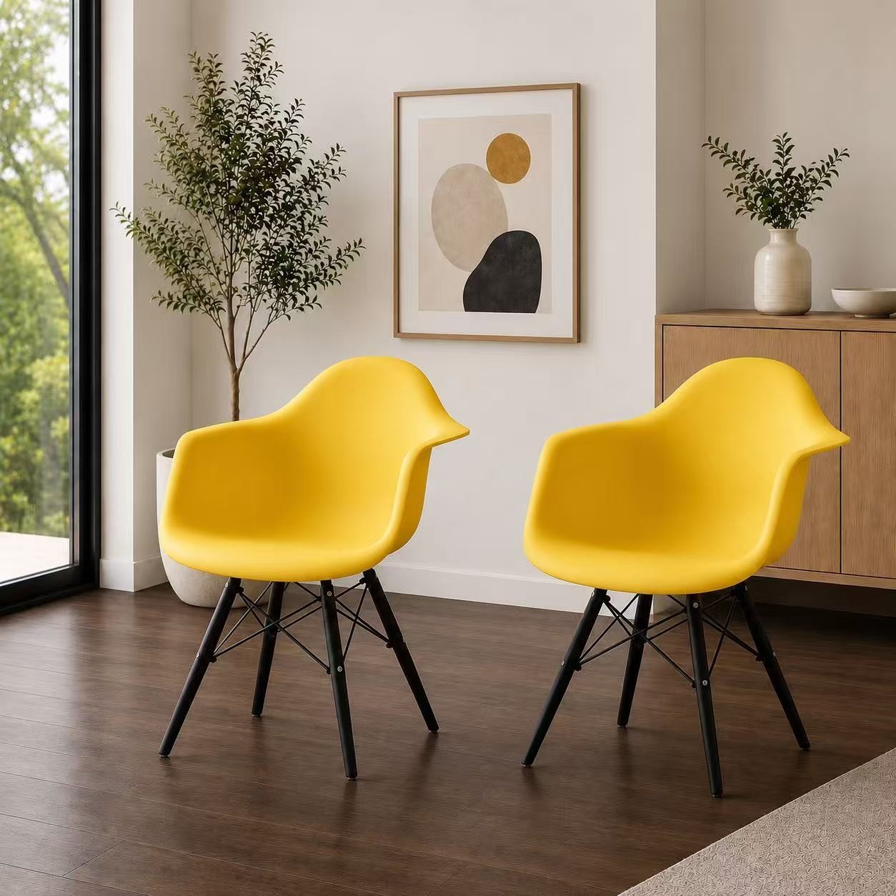 Set of 2 Mid Century Modern Molded Plastic Dining Armchairs Black Wood Legs