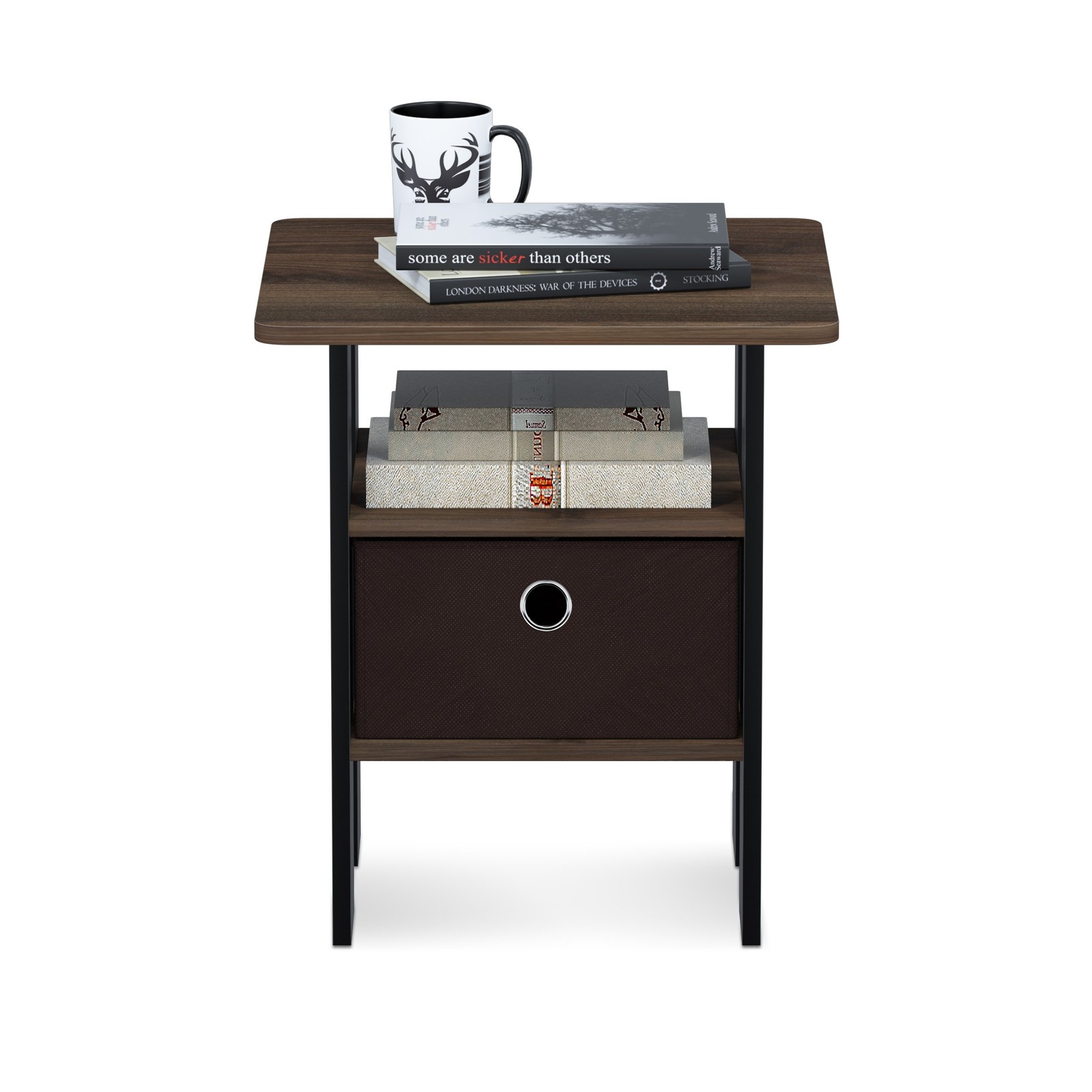 Furinno Andrey Engineered Wood End Table with Bin Drawer in Walnut (Set of 2)