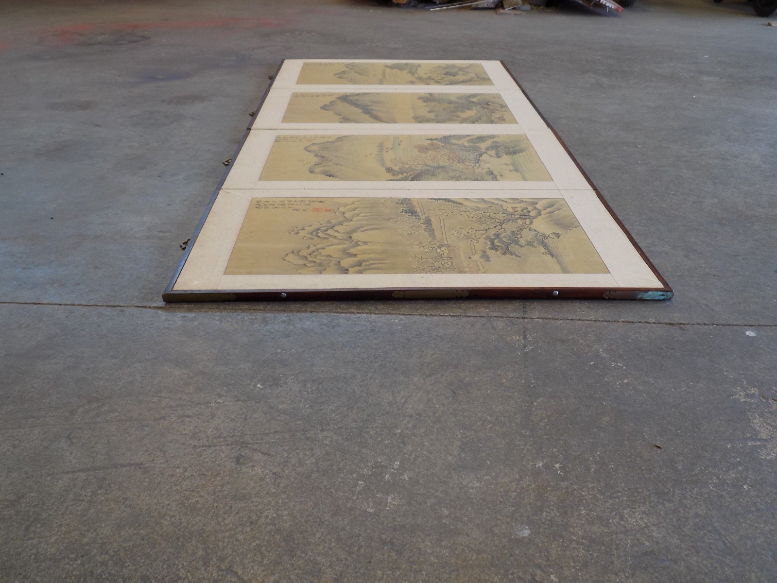 Vintage Hand Painted Asian Landscape 4 Panel Folding Screen Room Divider