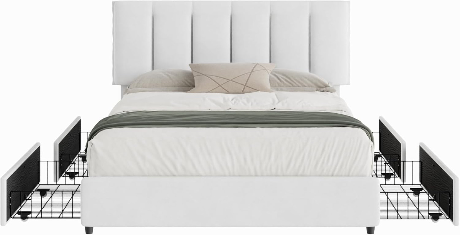Stylish Full Size Bed Frame with 4 Storage Drawers and Adjustable Headboard