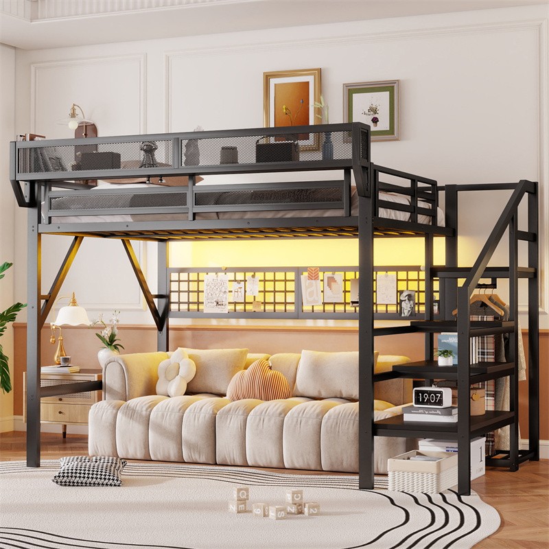 Queen Size Loft Bed with Stairs,Metal Bed Frame with Wardrobe & Storage Shelves
