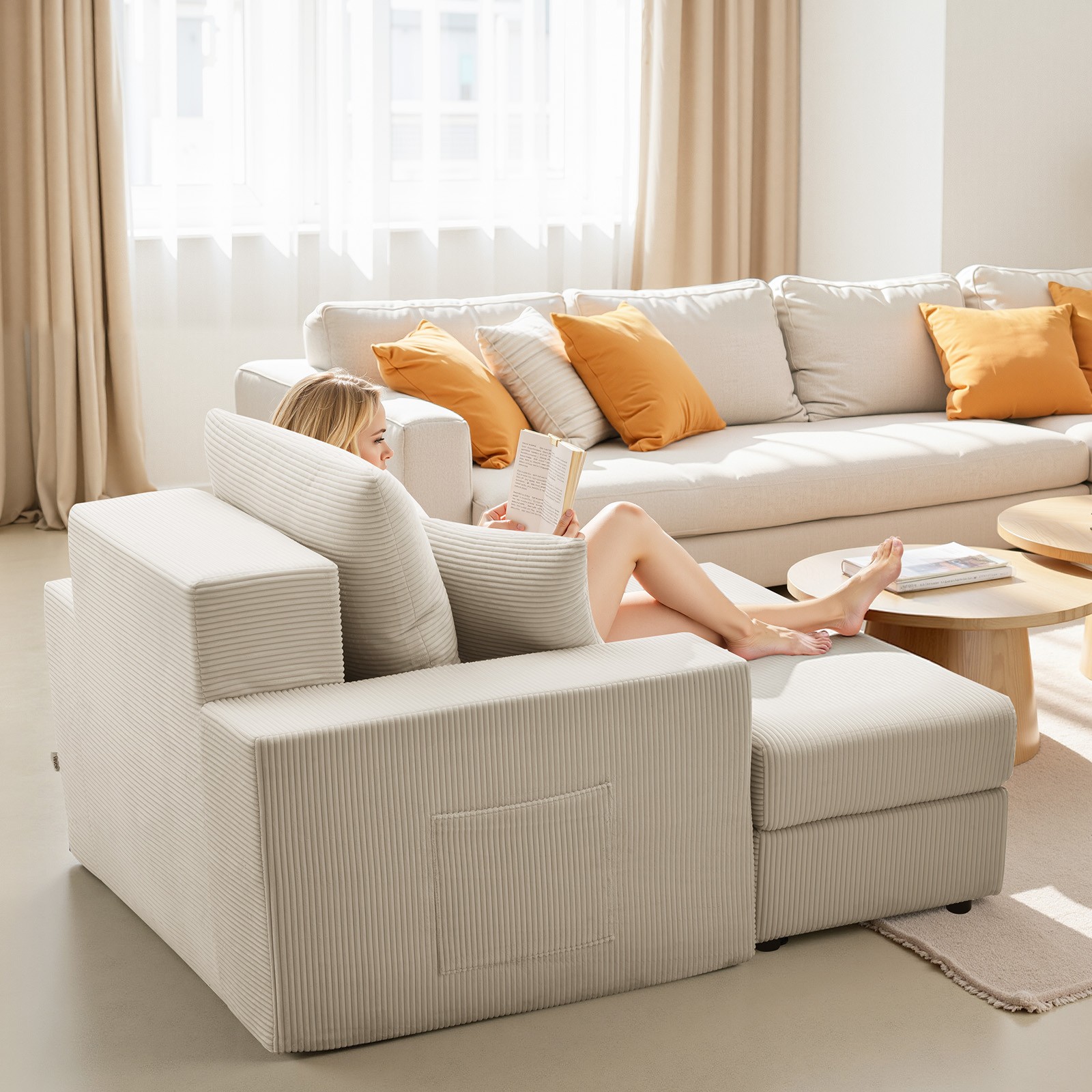 VEVOR Chaise Lounge Chair 44 in Boneless Modular Chaise Lounge Indoor Beige
