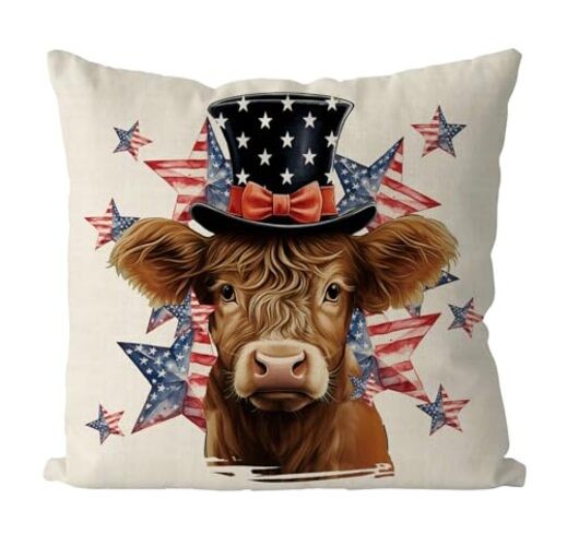 4th of July Pillow Covers 18×18 Inch American Patriotic Cow Stars Throw 18″x18″