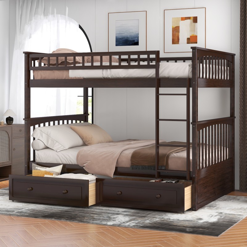 Full Over Full Bunk Bed with Drawers & Storage – 79×58.7×64.1in – Espresso Pine