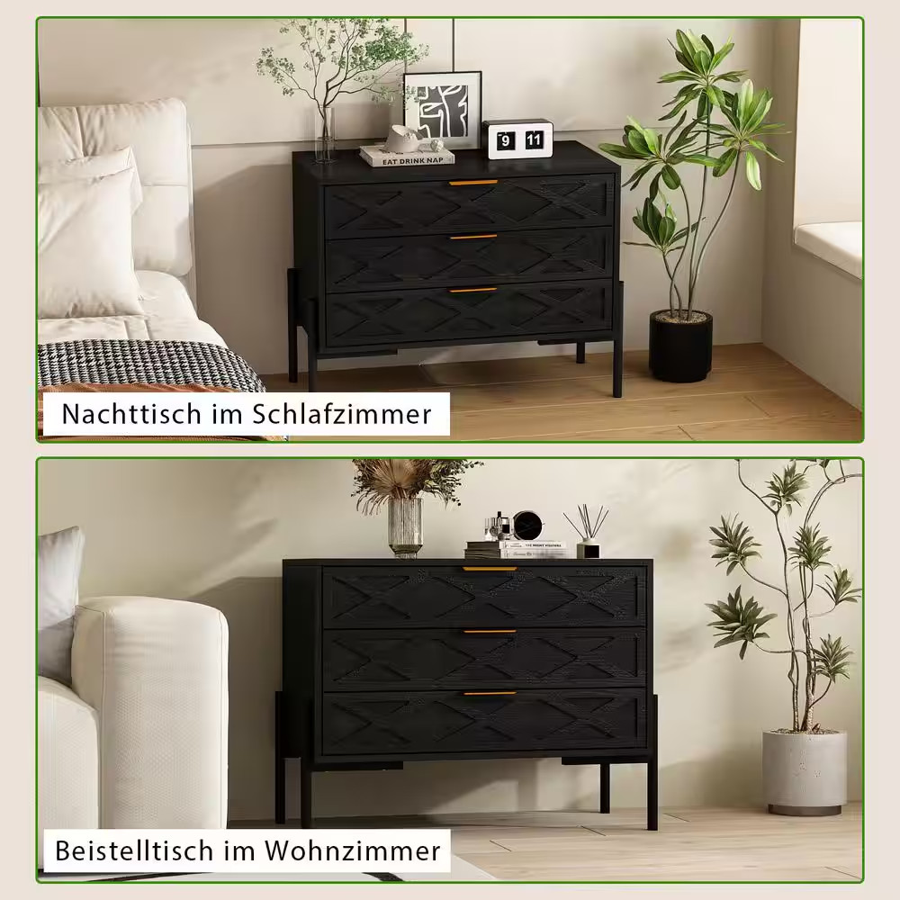 Black 3-Drawer 29.7 In. W X 23.6 In. H Nightstand, End Side Table with Golden Ha
