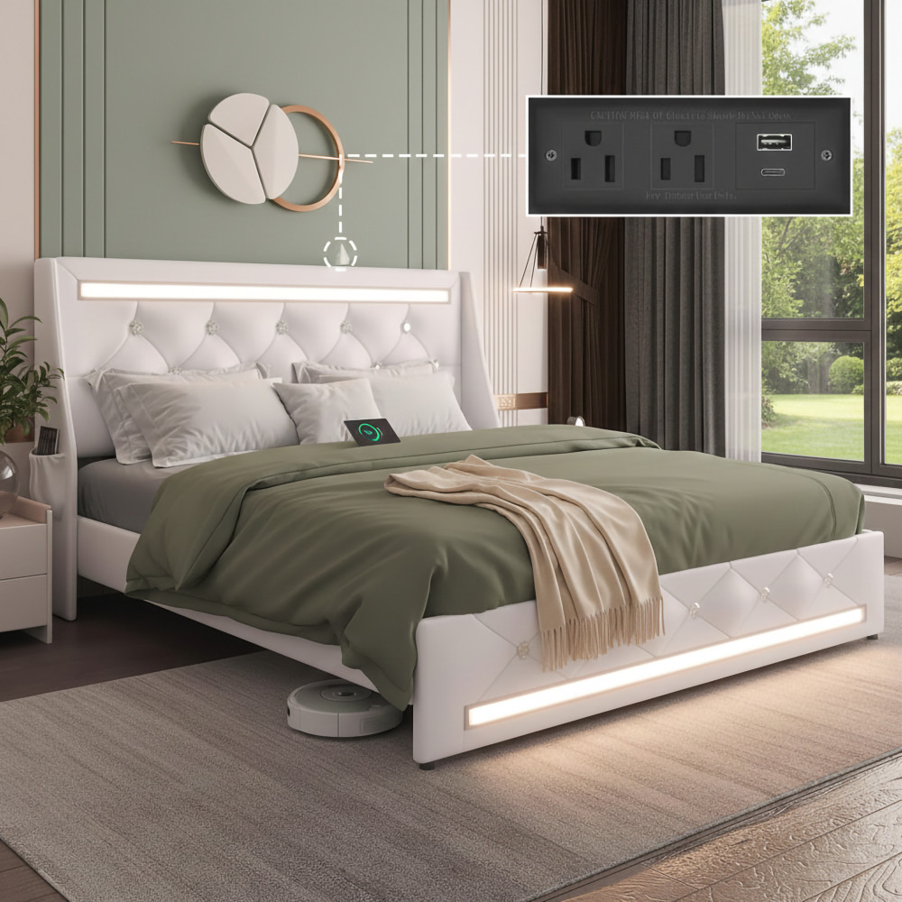Queen Size Bed Frame with LED Lights, Upholstered Bed Frame