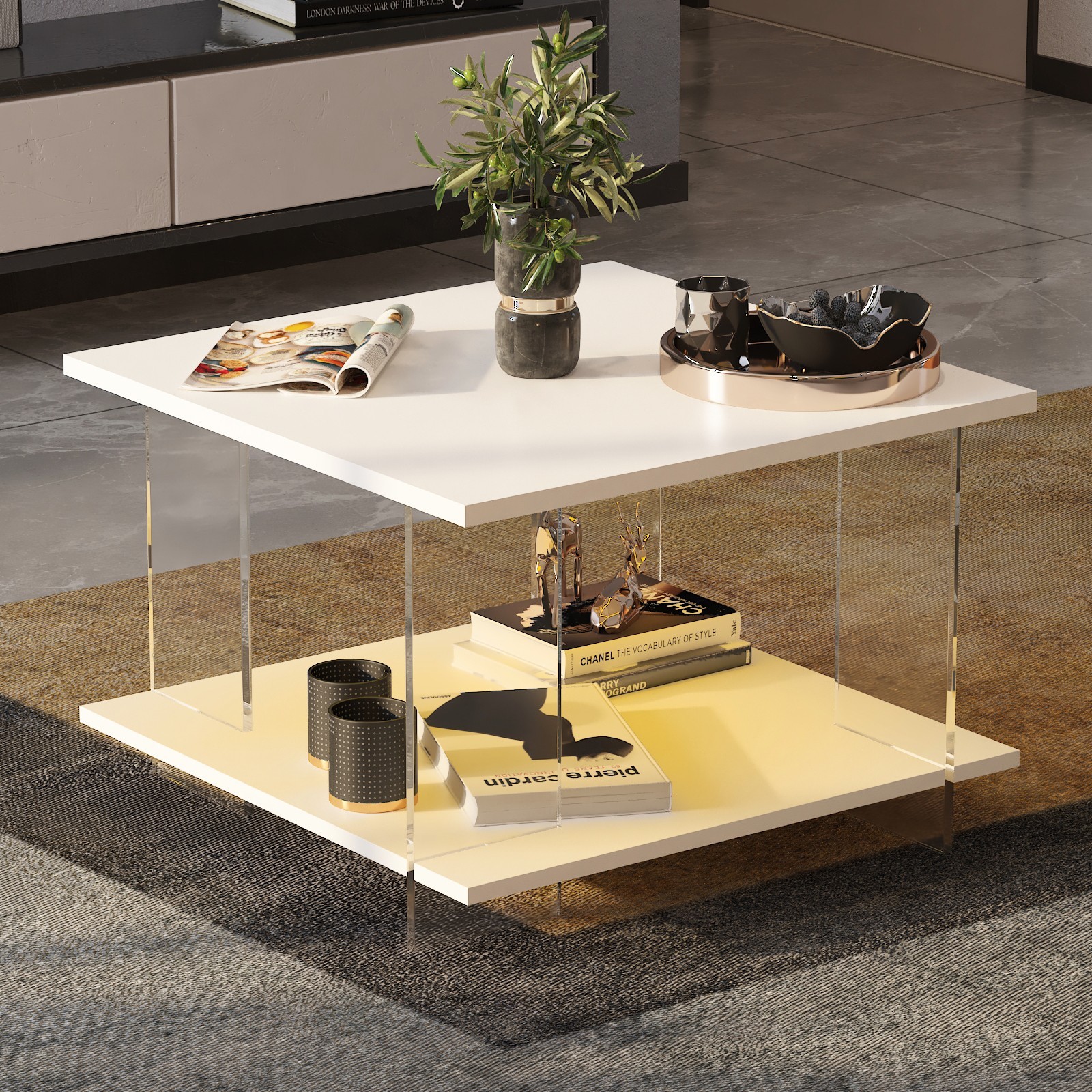 Acrylic Coffee Table with Wood Tabletop Minimalist Modern Square Center Table
