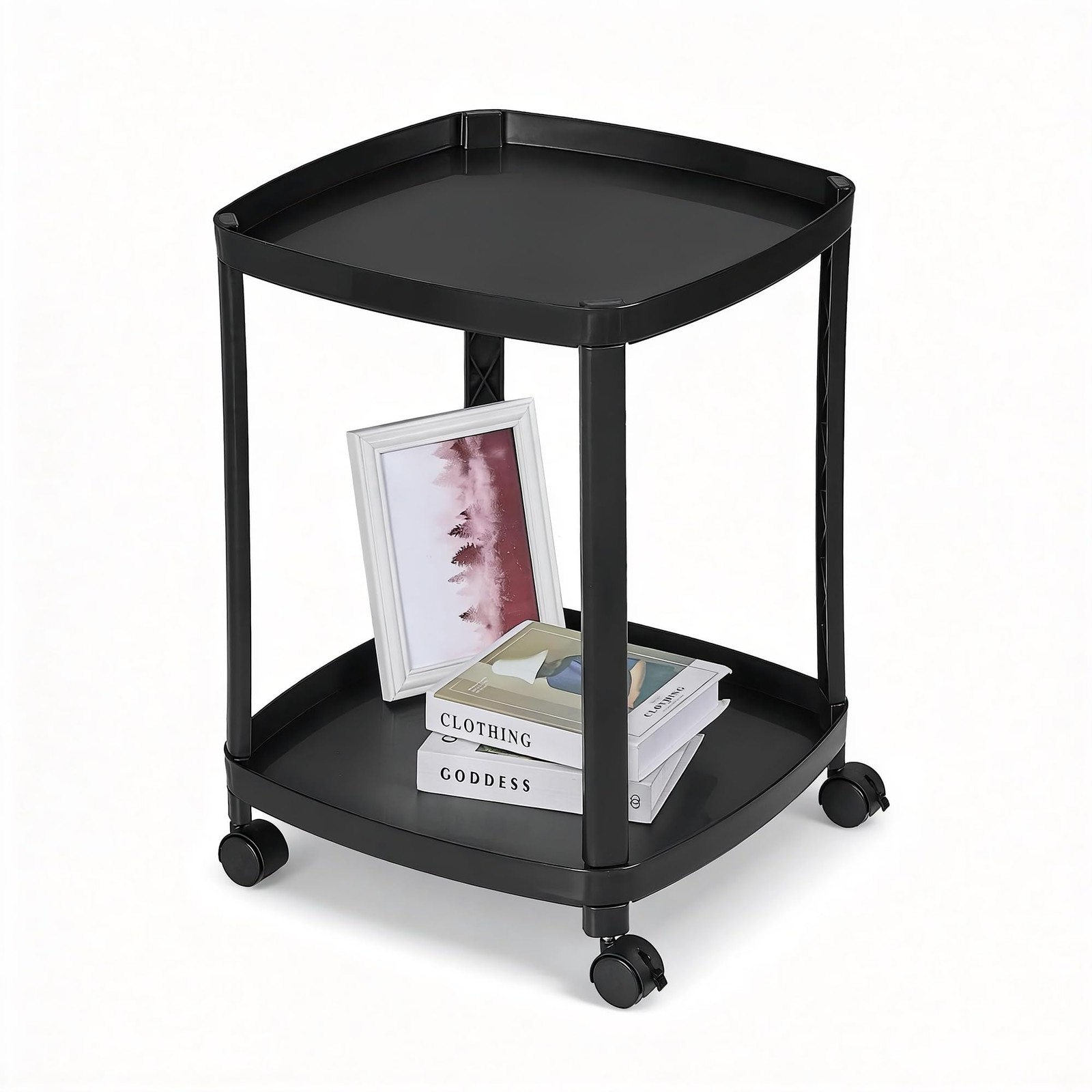 VECELO Rolling End Side Table with Lockable Wheels, 2‑Tier Plastic Mobile Sof…