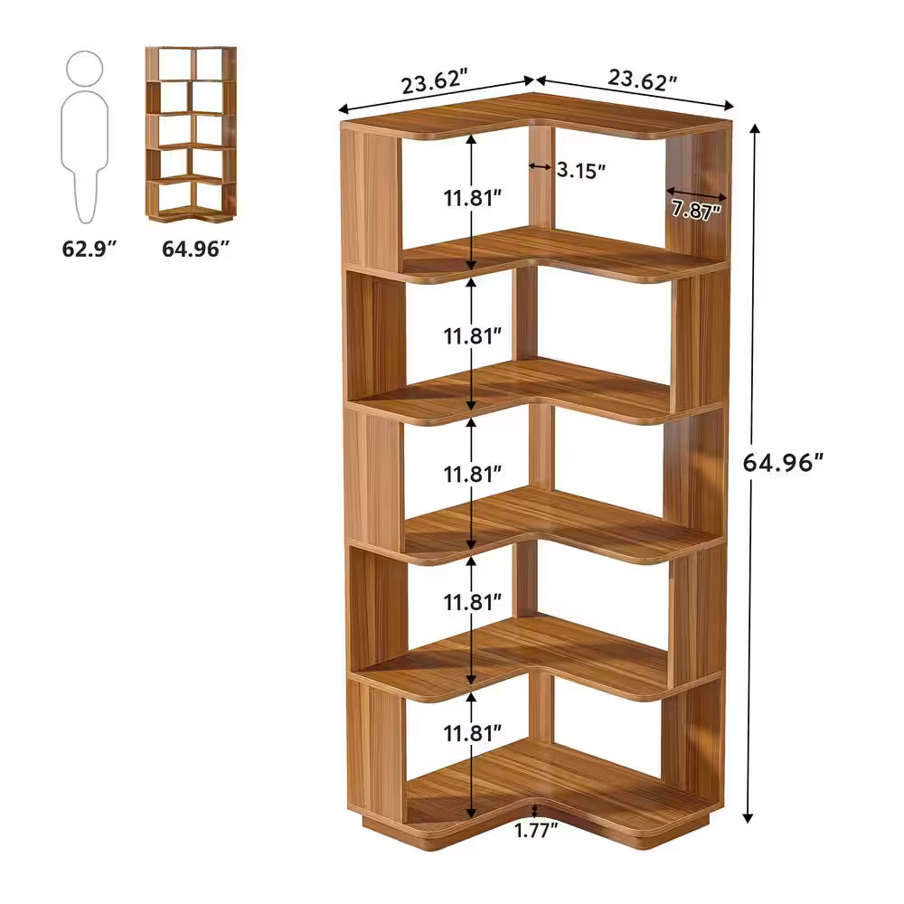 Eula 65 In. Tall Brown Wood 6-Shelf Etagere Standard Farmhouse Corner Bookcase H