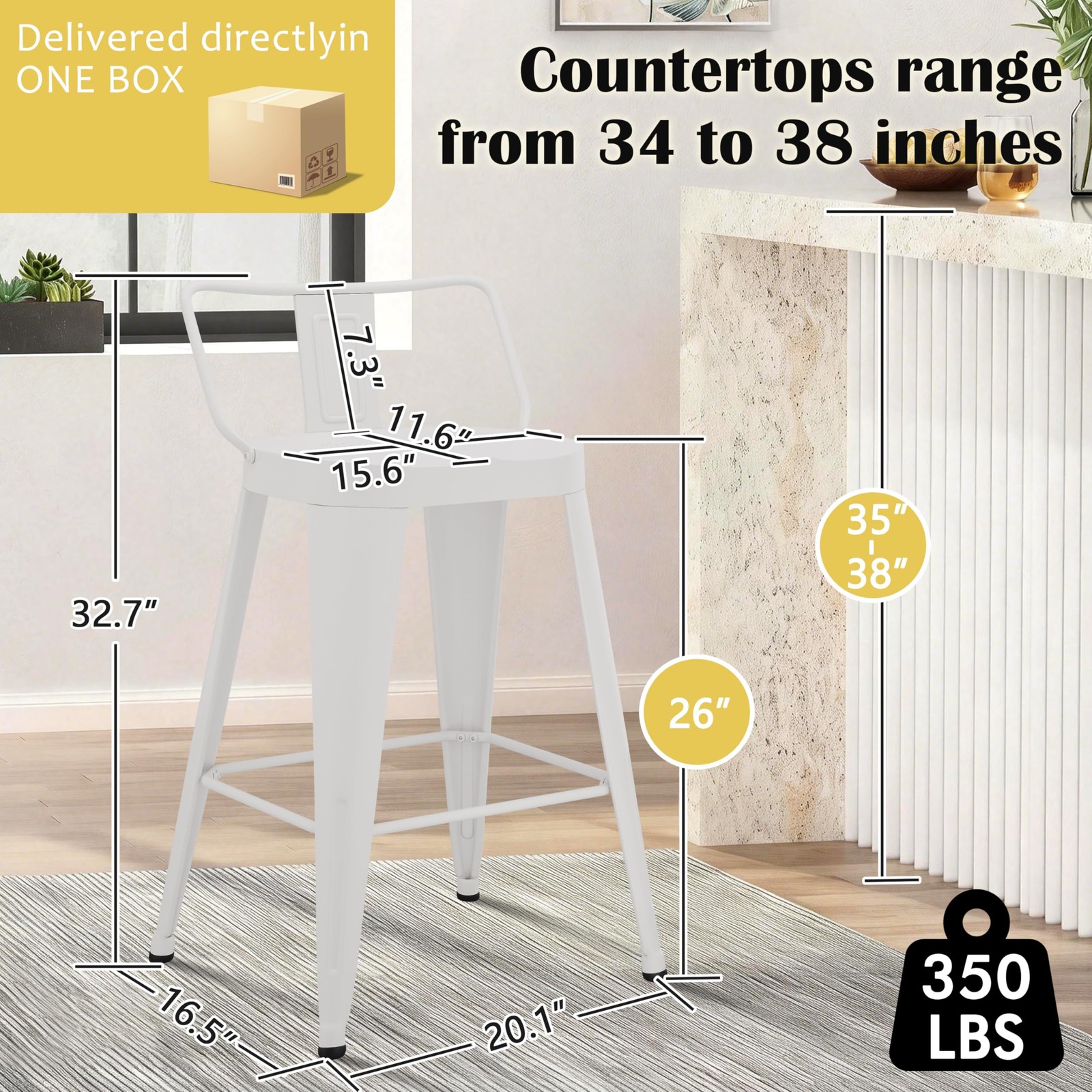 Metal Bar Stools Set of 4 26in Counter Ht Back Large Seat Farmhouse Off White