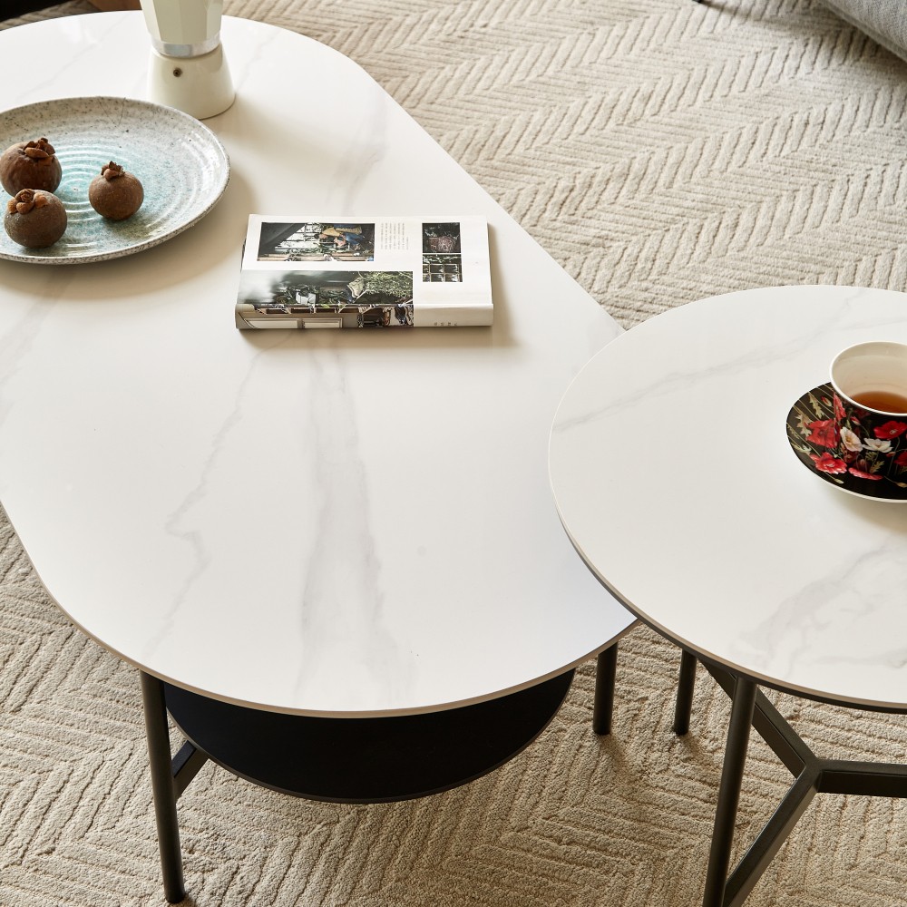 47 Inch Double Layer Coffee Table Sintered Stone Top MDF Frame Center Table